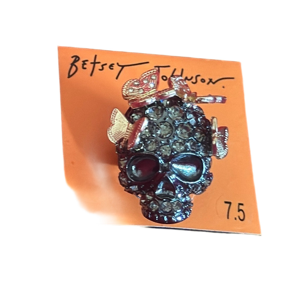 betsy Johnson skull and butterfly rhinestone embellished ring